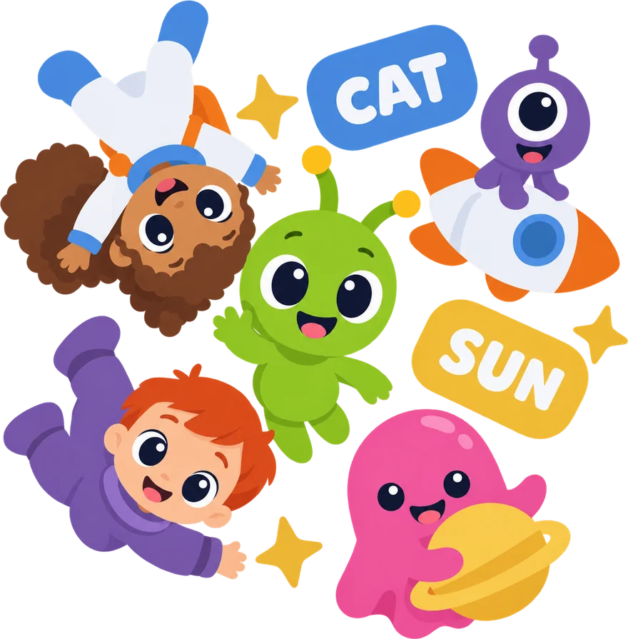 Zorp the green alien, two children in space suits and two little aliens tumbling together in zero gravity with word cards that say CAT and SUN