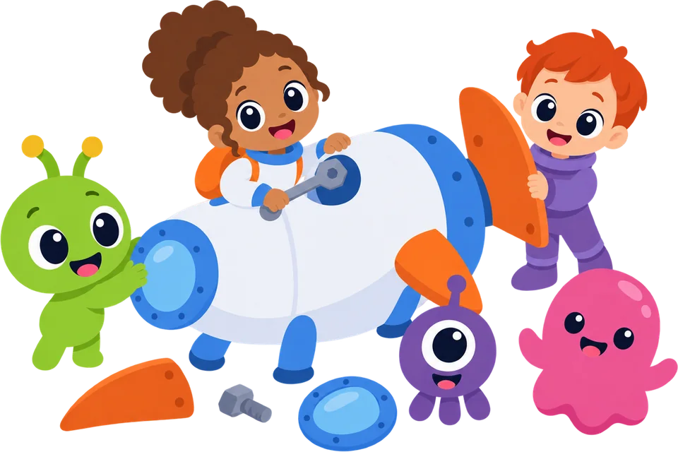 Two children and Zorp building a rounded spaceship together