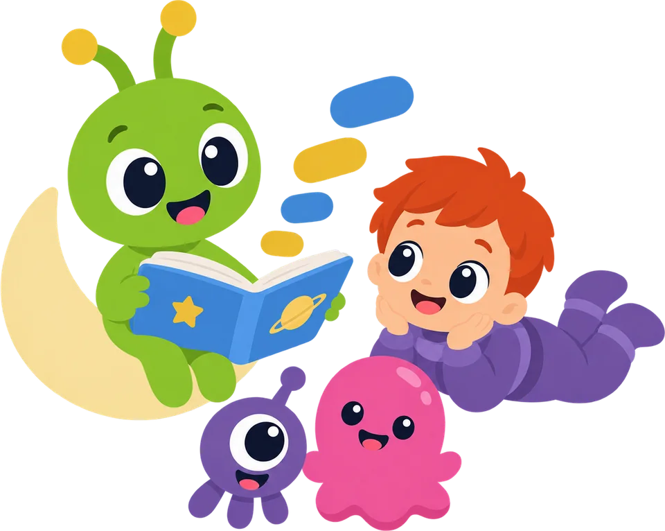 Zorp sits on a crescent moon reading a storybook aloud to a boy